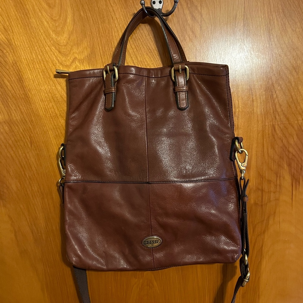 Fossil Brown Leather Foldover Crossbody Satchel Shoulder Bag